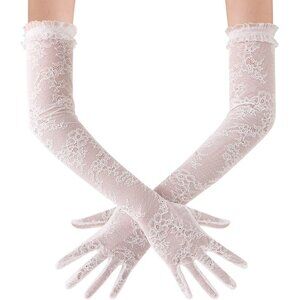 Women's Floral Long Lace Gloves White Stretchy Elbow Length Elegant Flapper